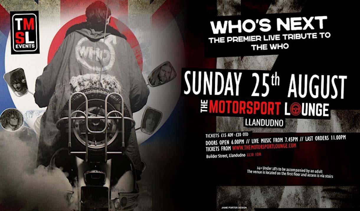 Who’s Next - Prif Fand Teyrnged y DU i gerddoriaeth The Who yn y Motorsport Lounge, Llandudno.