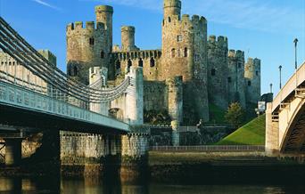 Conwy Castle with Telford's Suspension Bridge to the left of the image