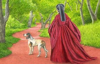 Picture of Lady in Tudor dress walking through forest with a dog