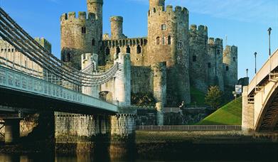Conwy Castle with Telford's Suspension Bridge to the left of the image