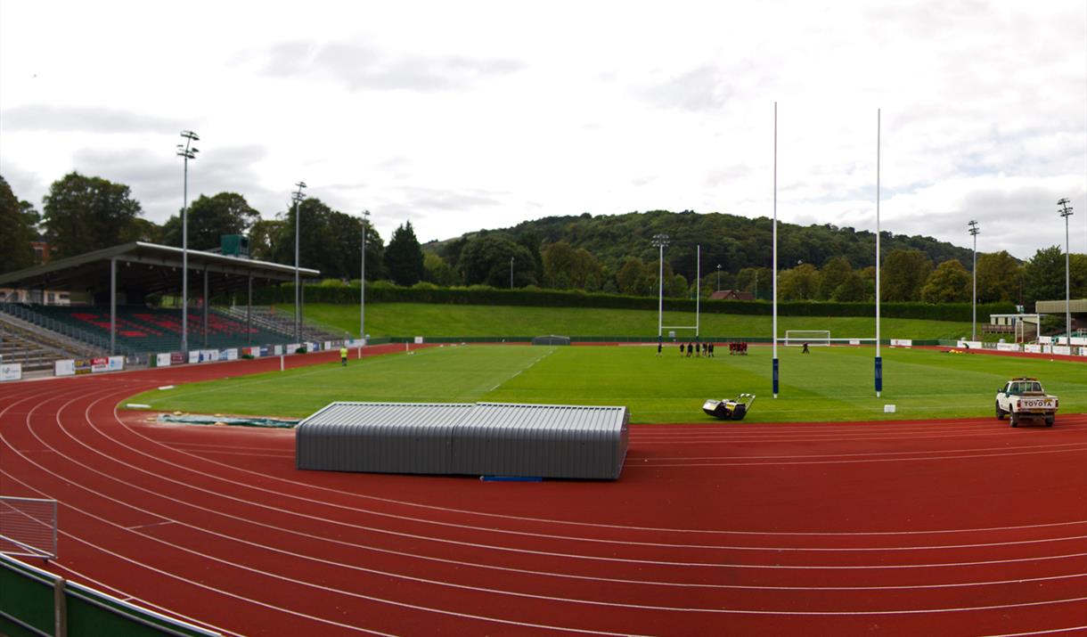 Running track and playing field at Eirias Leisure Centre, Colwyn Bay