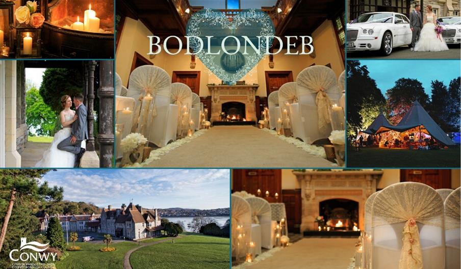 Collage of photos showing Bodlondeb decorated for weddings