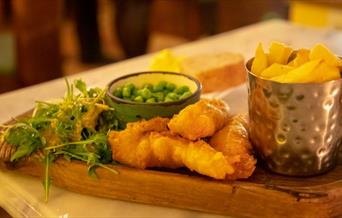 Meal of fish, chips and peas, Kinmel Arms, Abergele