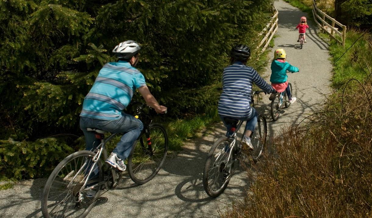 Family cycling along bike trail