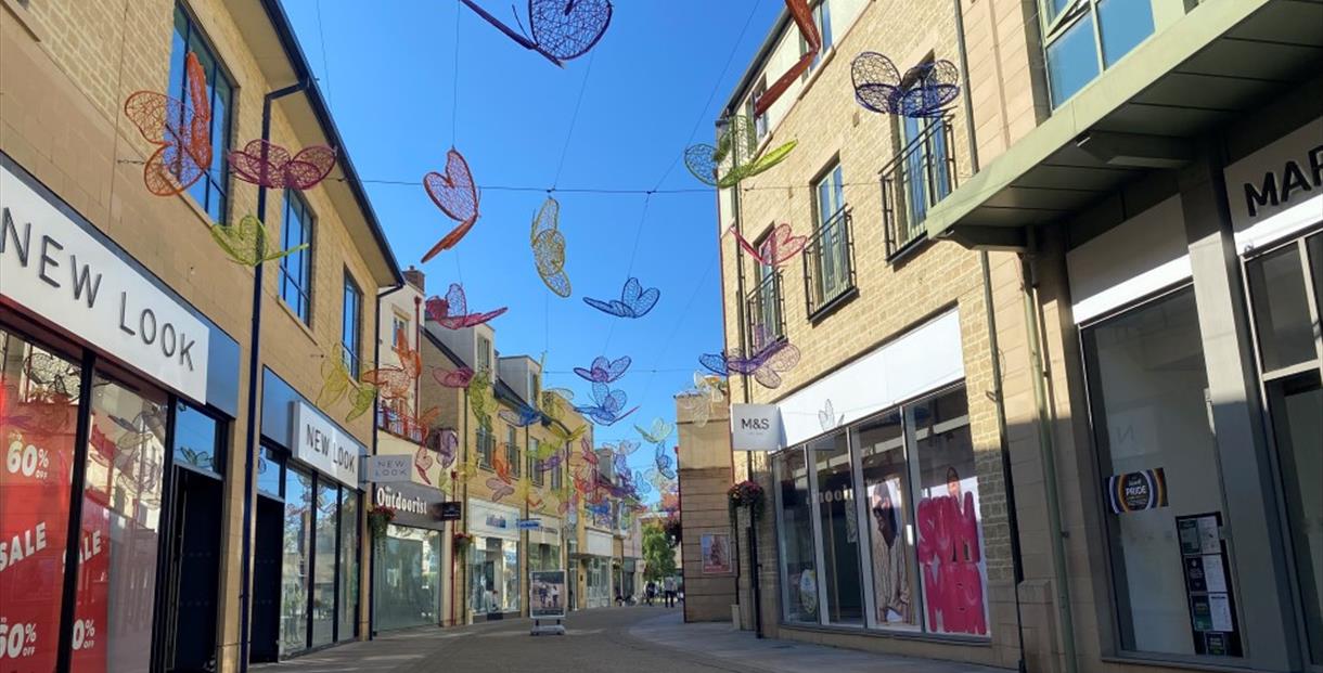 Coloured wire butterflies art installation. Butterflies hang from wires and float in the breeze.