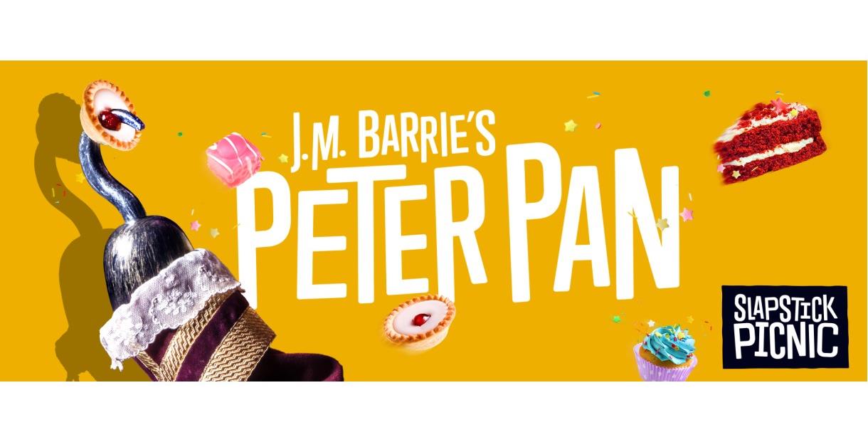 Peter Pan in white letters on a yellow background, with a hook and flying cakes