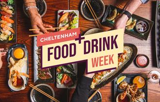 Cheltenham Food + Drink Week logo with food in the background