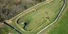 An aerial view of Belas Knap long barrow (photo courtesy of English Heritage)