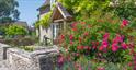 A stunning Cotswold stone cottage with pink roses and lavender growing in the garden