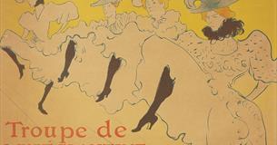 An artwork by Toulouse-Lautrec showing a row of cancan dancers with a bright yellow background