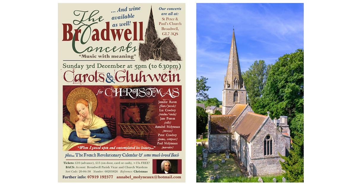 Poster of Broadwell Christmas Concert, Carols, Bach and the French Revolutionary Calendar, and external shot of The Church of St Peter and St Paul, Br