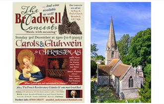 Poster of Broadwell Christmas Concert, Carols, Bach and the French Revolutionary Calendar, and external shot of The Church of St Peter and St Paul, Br