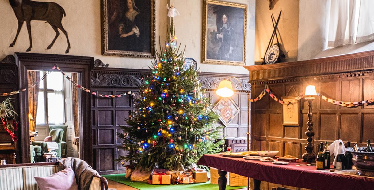 A decorated Christmas tree on display at Chastleton House