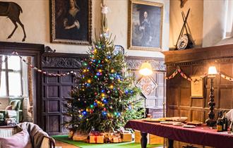A decorated Christmas tree on display at Chastleton House