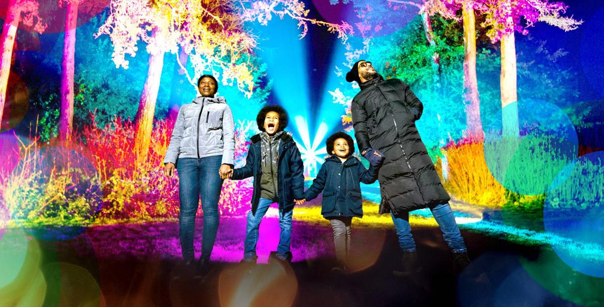 family standing among colourfully lit trees