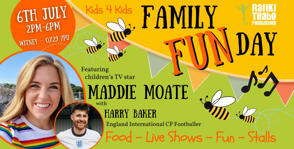 Colourful image in green, orange and yellow, featuring photos of Maddie Moate and Harry Baker. Text reads: Family Fun Day - 6th July, 2-6pm. Featuring