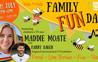 Colourful image in green, orange and yellow, featuring photos of Maddie Moate and Harry Baker. Text reads: Family Fun Day - 6th July, 2-6pm. Featuring