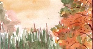 Autumnal tree with orange and brown leaves and long green grass painted in watercolour