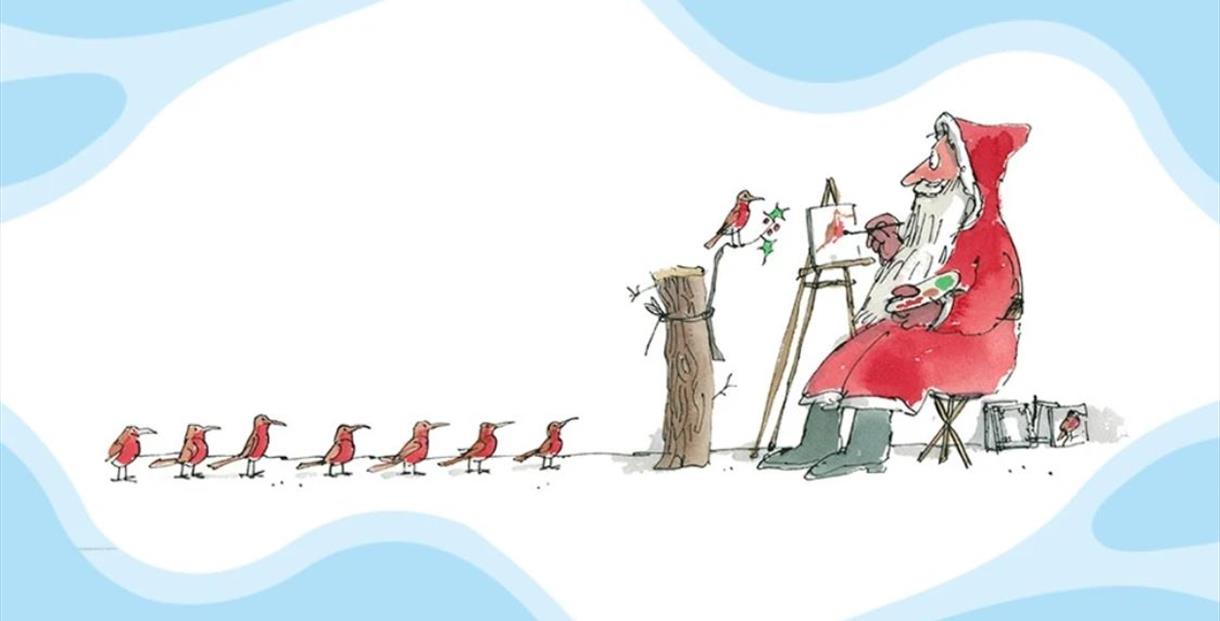 Quentin Blake illustration of Santa painting robins.