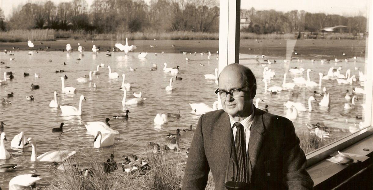 Sir Peter Scott sat in his Studio with a large window behind looking out onto the Rushy Lake which is filled with wild birds.