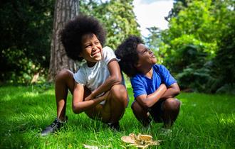 Two young boys crouching on woodland grass