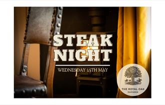 Picture includes the fireplace in the bar area, with text written over the top saying "Steak Night" on Wednesday 15th May with the logo of the pub whi