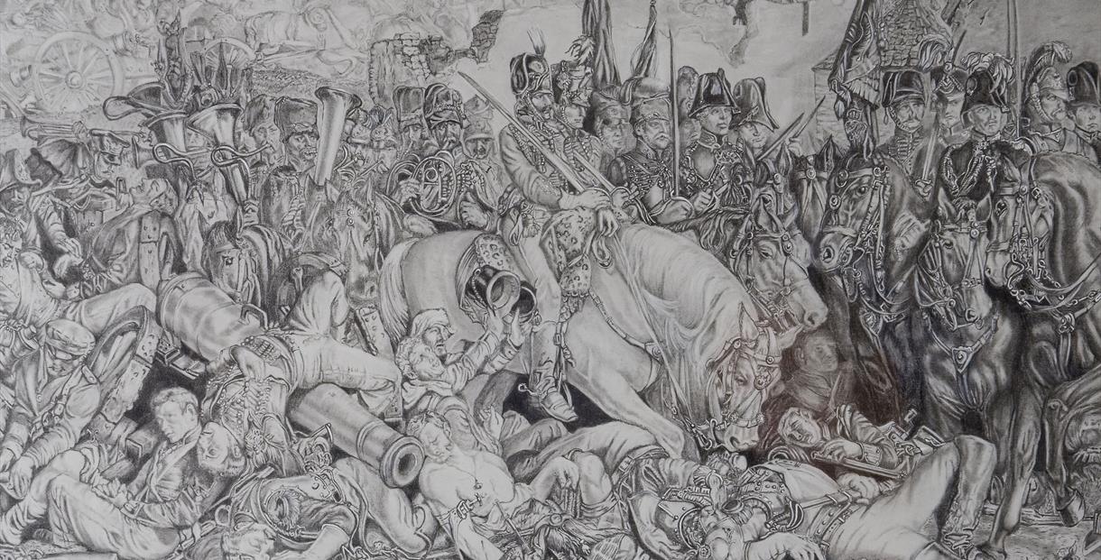 Highly detailed,black and white pencil sketch of the battle of waterloo, soldiers gather on foot and on horseback, as well as a cannon