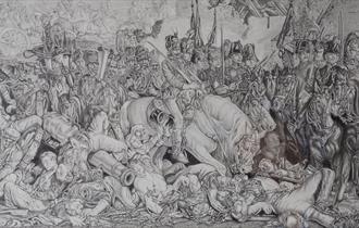 Highly detailed,black and white pencil sketch of the battle of waterloo, soldiers gather on foot and on horseback, as well as a cannon