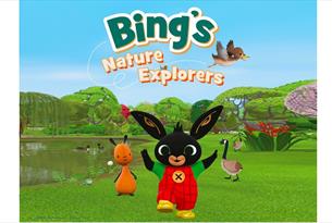 Cartoon illustration of Bing and flop, with the words 'Bing's Nature Explorers'.