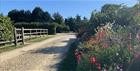 The driveway into the campsite. Colourful flowers have been planted on one side