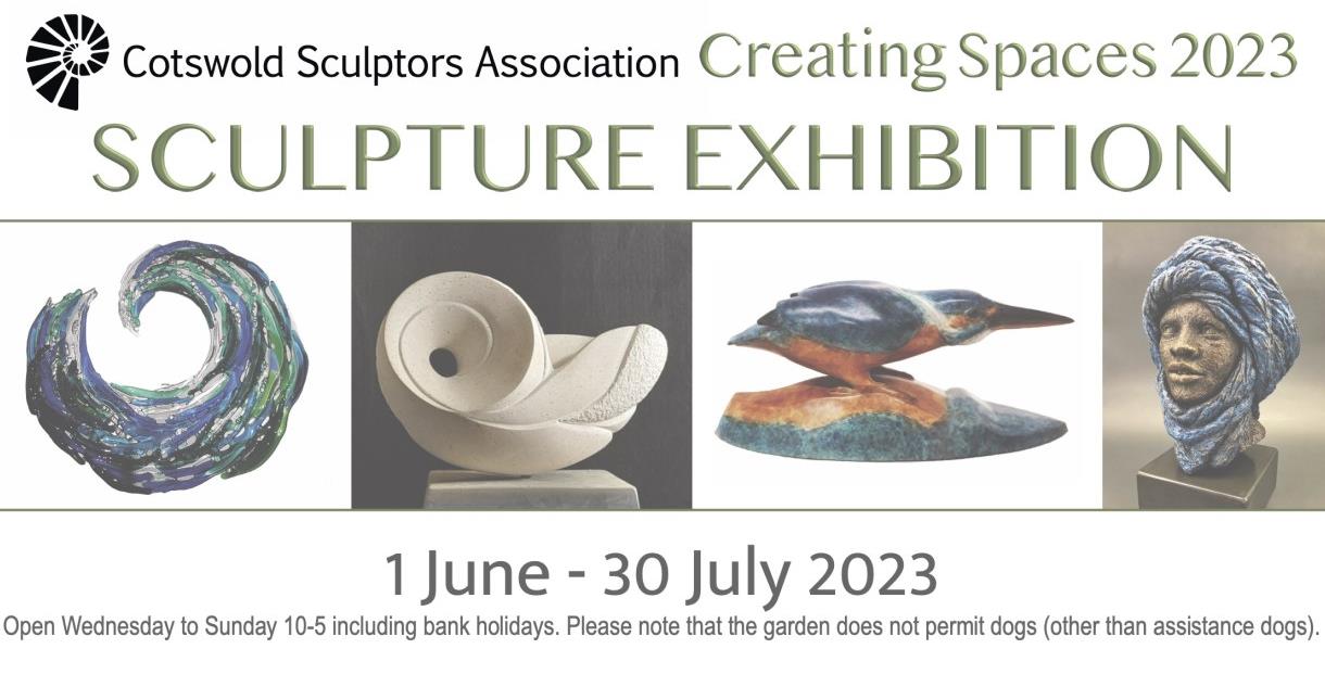 poster for Cotswold Sculptors Association show, showing several images of sculptures as well as show details, as listed.