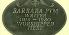 Plaque to novelist Barbara Pym in Holy Trinity Church, Finstock (photo courtesy of www.oxfordshirechurches.info)
