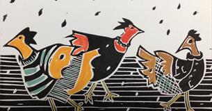 Linoprint of three french hens 