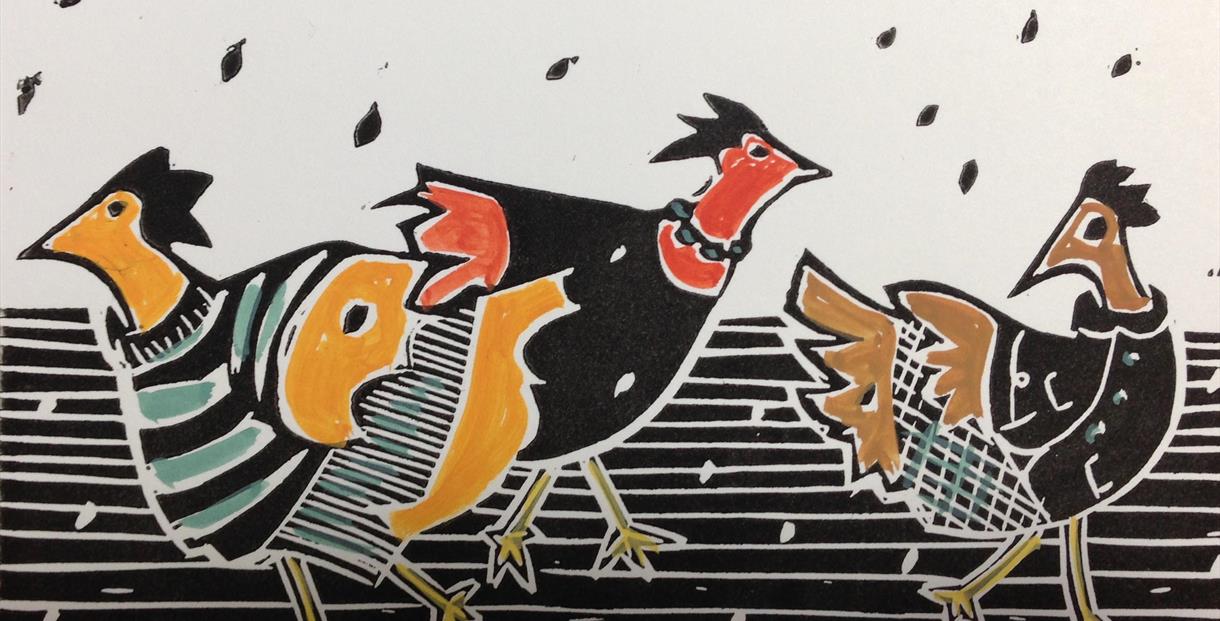 Linoprint of three french hens