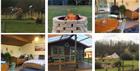 Multiple images including one of the play area, another of a fire pit, a couple of images of the internal space of the cabins.