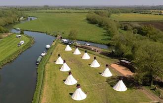 Aerial view of the campsite alongside the river