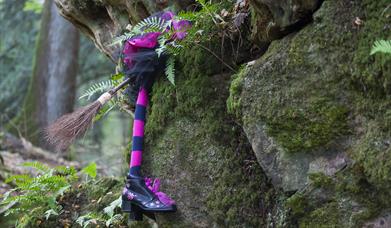 Witch and broom stick in the Puzzlewood woodland.