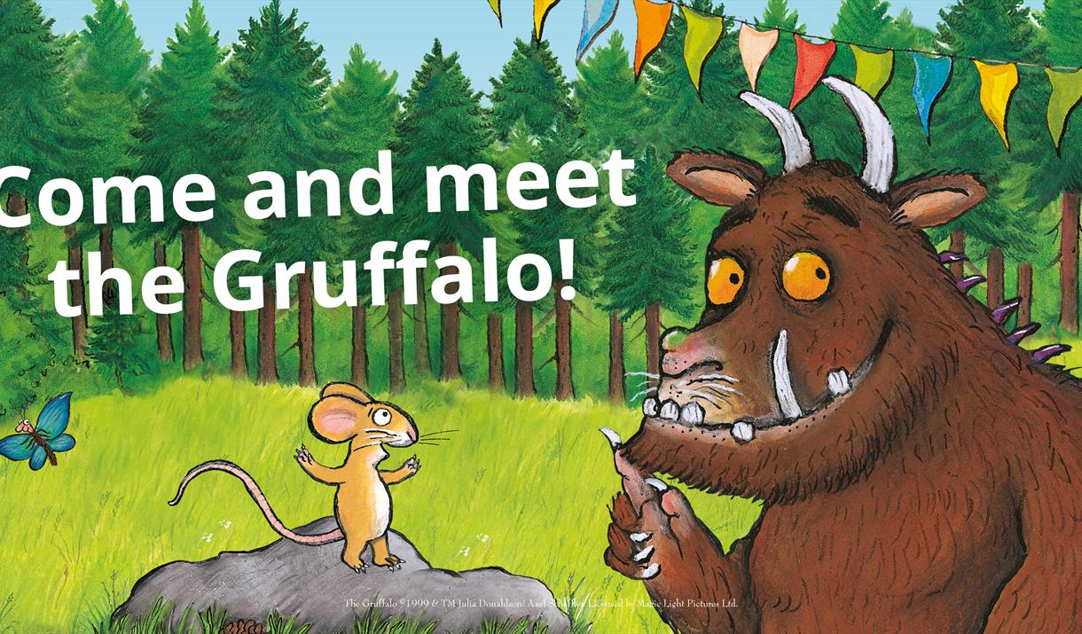 Graphic of the Gruffalo with text "come and meet the Gruffalo!"