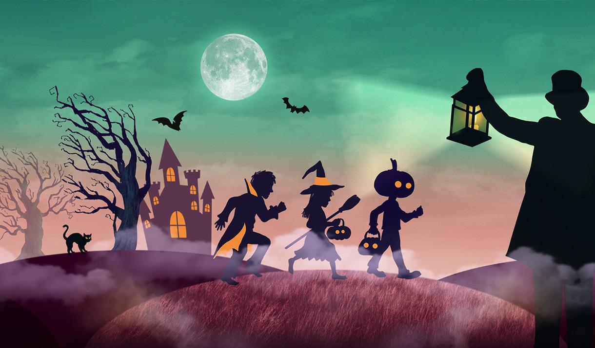 Illustrated spooky castle with Halloween characters