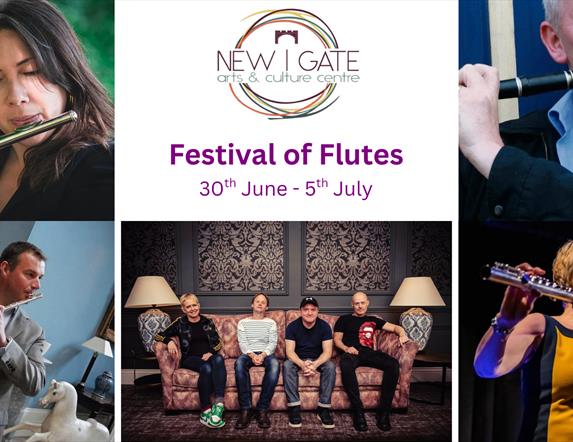 The logo for New Gate Arts & Cultural Centre with images of performers at the Festival of Flutes