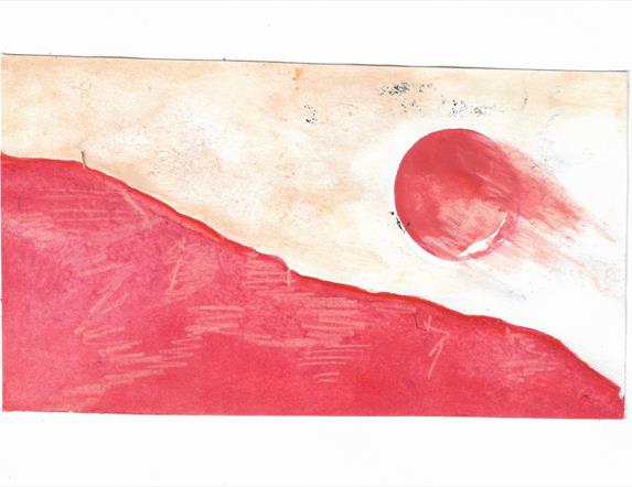 Gouache and pinky-redcoloured pencil on paper which looks like a moon shooting over a descending mountainscape