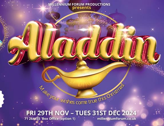 The promotional image for the Aladdin show, with an image of a lamp.