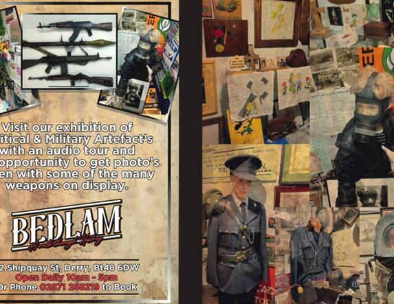 Promotional brochure for Bedlan's exhibition with an image of some of the artifacts on display.