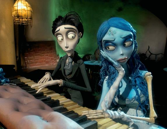 Victor and the Corpse Bride sitting at a piano