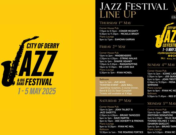 The Ebrington Hotel Jazz lineup and Jazz Festival logo. Details in description.