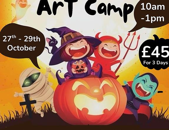 Messy-ween Art Camp poster promoting a 3-day Halloween art camp for children ages 5–11 in Derry. Features Halloween graphics like pumpkins, bats, and
