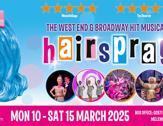 Promotional banner for the West End and Broadway hit musical Hairspray, featuring a bright blue-haired character with a pink bow, alongside bold multi