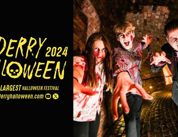 The Derry Halloween logo and three people making scary poses.