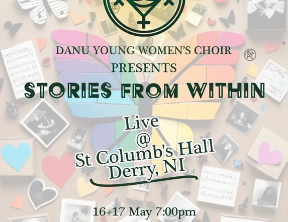 A Poster with the Danu Young Women's Choir Logo and concert details with a background of faded images of literature, sheet music, photographs, hearts