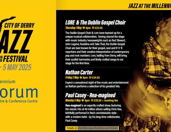 Promotional image for upcoming Jazz events at Millennium Forum